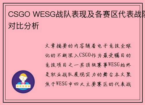 CSGO WESG战队表现及各赛区代表战队对比分析